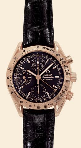 Pink Gold Day-Date.Omega Speedmaster.Triple Date Automatic.case No. 57484540, Ref. BG 175.00.84..Made in 2001..Fine, self-winding, water-resistant, 18K.pink gold wristwatch with round button.chronograph, registers, tachometer, 24 hour.indication, triple d
