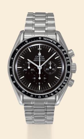 Apollo XI.Omega, Speedmaster Professional.No. 48270864, Ref. ST 345.0808. Made in 1992..Very rare and fine, asymmetric, water-resistant, stainless.steel wristwatch with transparent back, round button.chronograph, 12-hour and 30-minute registers, and a.sta