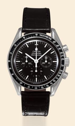 25th Anniversary Apollo XI.Omega, Speedmaster Professional, Chronometer.No. 803/999, movement No. 483106955.Ref. ST. 345.0808. Made in a limited edition of 999 examples.in 1994..Fine and rare, asymmetric, stainless steel wristwatch with.round button chron
