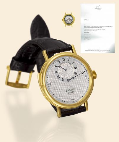 R_p_tition Minutes Regulator Dial.Breguet, R_p_tition Minutes, No. 1430H, movement No. 3309, Ref. 3187BA11286..Made in the 1990s in a limited edition of 6 pieces, sold in 1997..Very fine and very rare, minute-repeating, 18K yellow gold wristwatch with reg