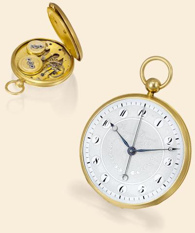 Independent Dead Seconds.Special Acid-Etched Dial.Robert Brandt Compe, Geneve, No. 1..Made circa 1825..Very fine and very rare, 18K gold pocket watch with independent.dead-center seconds and special acid-etched enamel dial.