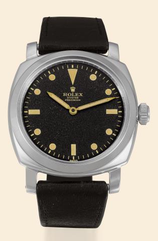 Military.Rolex, Oyster Precision, Ref. 6154, case No. 997572. Made in 1954..Exceptionally rare and fine, large, cushion-shaped, water-resistant, stainless steel.military diver's wristwatch with a stainless steel Rolex buckle.
