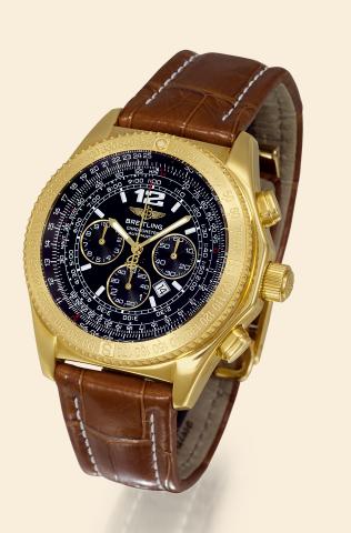 Yellow Gold B2 Professional.Breitling, B2 Professional, No. 003/100, case No. 463445, Ref. K42362.1. Made in.a limited series of 100 examples in 2003..Fine and rare, water-resistant, 18K yellow gold wristwatch with olive button chronograph.registers, slid