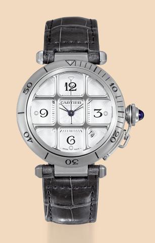 Pasha Grille.Cartier,Pasha Grille, case No. 92450CD, Ref. 2379. Made circa 2000..Fine, center-seconds, self-winding, water-resistant, stainless steel wristwatch with date and a stainless steel.Cartier deployant clasp..To be sold without reserve