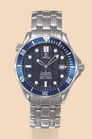 Seamaster Professional.Omega, Seamaster Professional, Chronometer.300m/1000ft, movement No. 80144902, Ref..SU 3681503. Made in 2001..Fine, self-winding, water-resistant, center seconds, stainless.steel wristwatch with date, helium escape valve, blue bezel