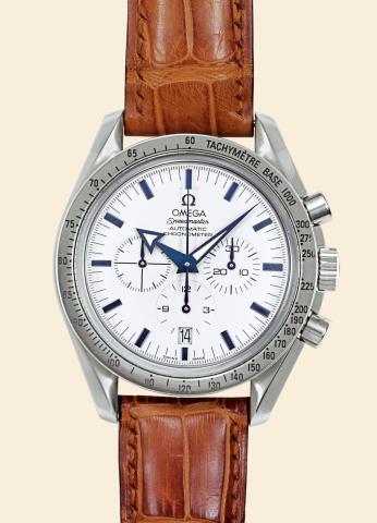 Speedmaster.Broad Arrow.Omega, Speedmaster Broad Arrow.Automatic Chronometer, movement.No. 78017492, Ref. ST 378.00.22. Made.in 2002..Fine, water-resistant, stainless steel wristwatch.with round button chronograph, registers.tachometer, with stainless ste