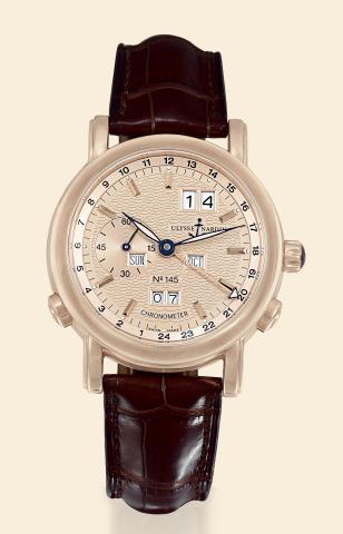 Pink Gold GMT Perpetual.Ulysse Nardin, Le Locle, Suisse, Chronometer.No. 145, Ref. 322-88. Made in a limited.series of 500 examples from 2000..Very fine and rare, self-winding, water-resistant, 18K pink gold.wristwatch with perpetual calendar with year in