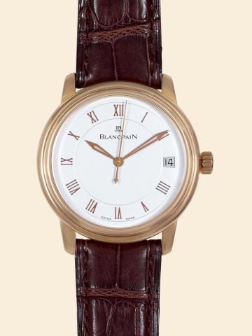 Villeret.Blancpain, Villeret, case No. 105.Ref. 1158. Made in the early 2000s..Fine and elegant, automatic, center-second, 18K pink gold.wristwatch with date and an 18K pink gold Blancpain buckle. Accompanied by a guarantee (now void).To be sold without r