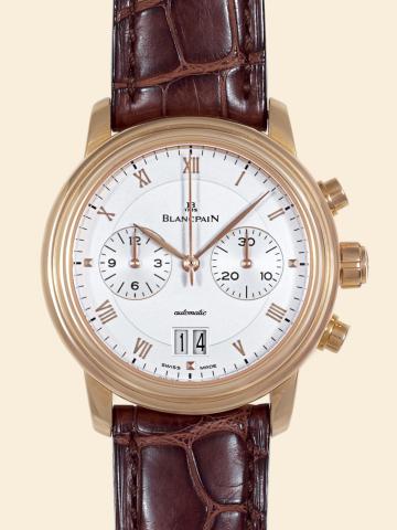 Chronographe.Villeret.Blancpain, Chronographe.Automatique, No. 32, Ref..4082. Made in the 1990s..Fine, self-winding, water-resistant, 18K.pink gold wristwatch with round button.chronograph, registers, large date and a 18K.pink gold Blancpain buckle. Accom