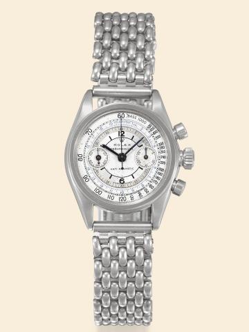 Ref. 3184 Stainless Steel Antimagnetic.Three-Tone Dial.Rolex, Oyster Chronograph Anti-magnetic.Ref. 3184. Made circa 1935..Very fine and extremely rare, stainless steel, water-resistant.mid-sized wristwatch with round-button chronograph.register, tachomet