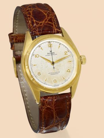Ref. 5029, Yellow Gold Center-Seconds.Rolex, Oyster Perpetual, Officially Certified.Chronometer, case No. 660596, Ref..5029. Made in 1949..Fine and rare, large, center-seconds, self-winding, waterresistant.18K yellow gold chronometer wristwatch with a.gol