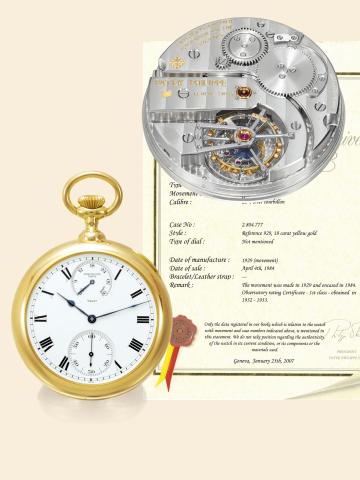 Extra Large One-Minute Tourbillon-First Class Observatory Rating Obtained in 1932-1933.Patek Philippe, Geneve, No. 198285, case No. 2804777, Ref. 929. Movement made in 1929.cased in 1984, sold on April 4, 1984..Extremely fine and exceptionally rare, extra