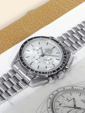 25th Anniversary APOLLO XI.Omega, Speedmaster Professional, Chronometer, No. 179/500, movement No. 48311408.Ref. BC 348.0062. Made in a limited edition of 500 examples in 1994..Very fine and rare, asymmetric, 18K white gold wristwatch with round button ch