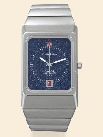 Stainless Steel Constellation Stardust.Omega, Constellation, Megaquartz.F 2.4 MHz, No. 3520, Ref. ST 396.0806..Made circa 1975..Very fine and rare, large, rectangular and curved, dead centerseconds.water-resistant, stainless steel quartz wristwatch.with d