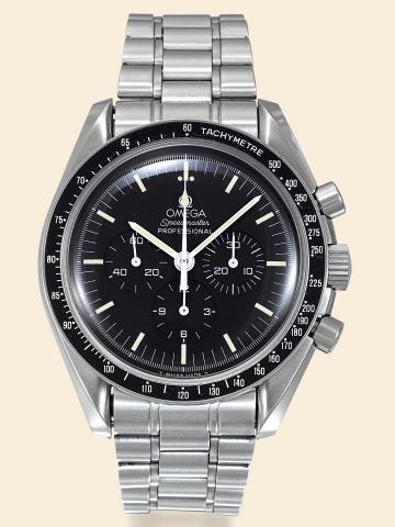 Apollo XI.Omega, Speedmaster Professional.No. 48306833, Ref. ST 345.0808. Made.in 1992..Very rare and fine, asymmetric, water-resistant, stainless steel.wristwatch with transparent back, round button chronograph.12-hour and 30-minute registers, and a stai