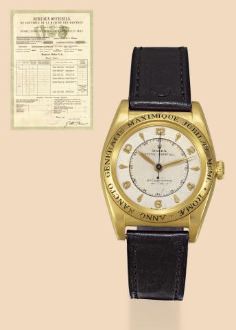 Anno Sancto MCML.Rolex, Oyster Perpetual, Officially Certified.Chronometer, case No. 614129, Ref..4777. Made in 1948, for the sacred jubilee year 1950..Fine, tonneau shaped, center-seconds, self-winding, waterresistant.18K yellow gold wristwatch with a go