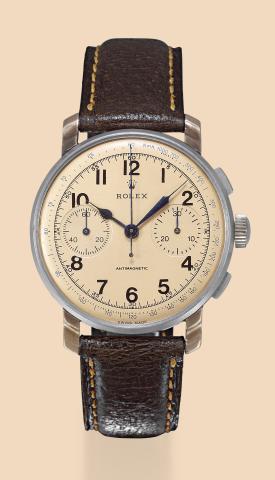 Ref. 4100.Steel and Pink Gold Chronograph.Rolex, Antimagnetic, case No. 63628, Ref..4100. Made in the 1940s..Fine and rare, stainless steel and pink gold antimagnetic.wristwatch with square button chronograph, register and.tachometer..To be sold without r