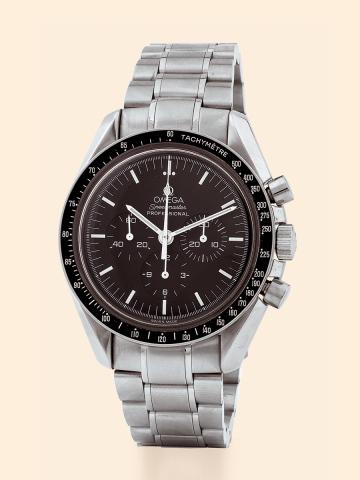 Apollo XI.Omega, Speedmaster Professional - Apollo.XI, Ref. 145.0223. Made in 1999..Fine, water-resistant, stainless steel wristwatch with round.button chronograph, registers, black bezel with tachometer.and a stainless steel Omega link bracelet.