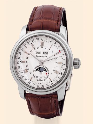 Platinum GMT Moon Phase Calendar.Blancpain, Le Brassus - GMT Moon Phase.Calendar, No. 96/200, Ref. 4276-3442. Made.in a limited edition of 200 pieces circa 2004..Very fine and rare, large, two-time zone, self-winding, waterresistant.platinum wristwatch wi
