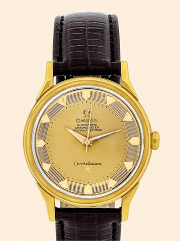 Constellation Chronometer.Omega, Grand Luxe Constellation, Automatic, Chronometer, Officially Certified, Ref. 14900-1. Made in 1963..Very fine and rare, center seconds, self-winding, water-resistant, 18K yellow gold wristwatch with an 18K.yellow gold Omeg