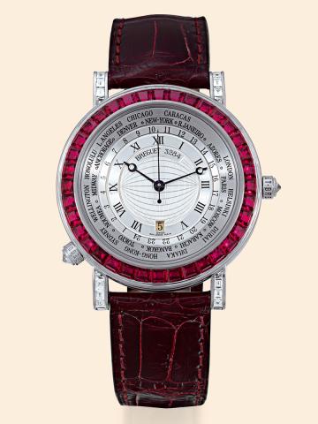 Breguet, Marine Hora Mundi, Automatique, Ref. 3701. Made circa 1990..Very fine and rare, World Time, center-seconds, self-winding, water-resistant, 18K.white gold, ruby and diamond wristwatch with 42-hour autonomy, date and 24 hours.and an 18K white gold 