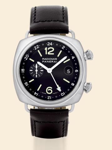 Radiomir Panerai GMT.Officine Panerai, Radiomir Panerai GMT, No. H.020/400, BB1158090, Ref. OP 6604. Made in a.limited edition of 400 pieces in 2005..Fine, large, cushion-shaped, two-time-zone, self-winding, water-resistant.stainless steel diver