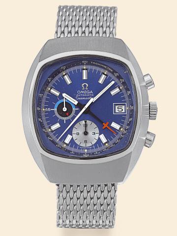 Omega, Seamaster, Automatic, movement.No. 35594199, Ref. ST 176.005..Made in the 1970s..Very fine, large, self-winding, water-resistant, stainless steel.wristwatch with round button chronograph, 12-hour and.60-minute registers, 24-hour indication, date, a