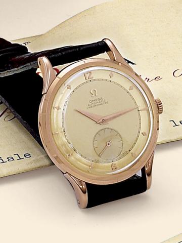 Pink Gold Centenary.Omega, Centenary - Automatic, Chronometer, Ref. 2500. Made in the 1950s..Fine and rare, self-winding, 18K pink gold wristwatch with an 18K pink gold Omega buckle. Accompanied by.a fitted box and certificate..To be sold without reserve