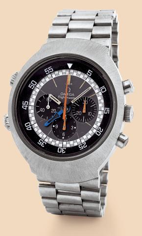2nd Generation Flightmaster.Omega, Flightmaster, Ref. 145.0026. Made in.1971..Fine and rare, 2 time-zone, water-resistant, stainless steel.aviator`s wristwatch with 4 hands and 3 crowns, round.button chronograph, registers and a stainless steel Omega.brac