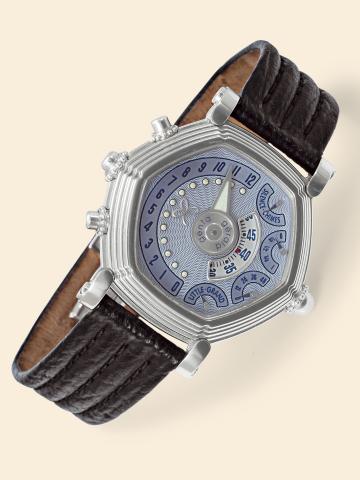Grande Complication.G_rald Genta, Geneva, No. 1, Ref. GGM1, produced in a very few examples in 1996..Exceptionally fine and equally important, self-winding double-train, water-resistant.platinum wristwatch with Westminster chime, Grande et Petite Sonnerie