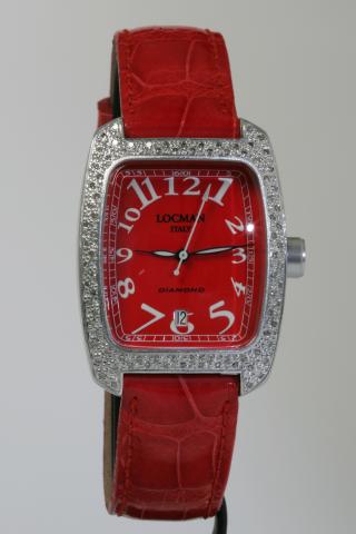 Locman Quartz movement watch. Tonnau case with diamonds. Red dial and strap in leather.