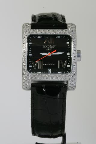 Locman Quartz movement watch. Alluminium case with diamonds. Black dial and strap in leather.