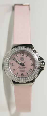 Tag Heuer Formula 1 Diamonds. All pink watch. Steel case with 120 diamonds Wesselton 0,75 carats. Pink mother of pearl dial and strap in pink cavans.