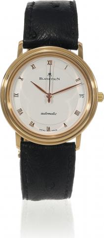 Pink Gold Villeret.Blancpain, Villeret, Automatic, No. 107, Ref. 0095/3318. Made in 1990, sold in February 1990..Fine, thin, center seconds, 18K pink gold wristwatch, date with an 18K pink gold Blancpain deployant clasp. Accompanied by a.fitted box and ce