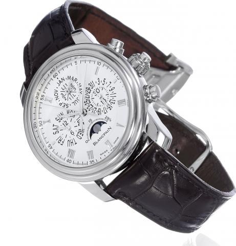 Split Seconds Perpetual.Blancpain, Chronographe Rattrapante - Perpetual.Calendar, No. 40/100, Ref. 4286P. Made in a limited edition of.100 examples in 2003..Extremely fine, rare and important, large, self-winding, platinum.wristwatch with round button co-