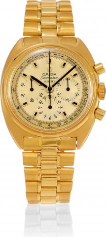 Yellow Gold Seamaster Chronograph.Omega, Seamaster, movement No. 27710298.Ref. BA.145.016. Made in 1968, retailed by Meister..Fine and rare, water-resistant, 18K yellow gold wristwatch with.round button chronograph, 12-hour and 30-minute registers.and tac