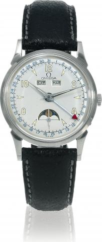 Triple Date - Moon Phase.Omega, Cosmic, No. 10901110, Ref. 2690/2. Made in 1944..Fine and rare stainless steel wristwatch with triple date calendar and moon phases.