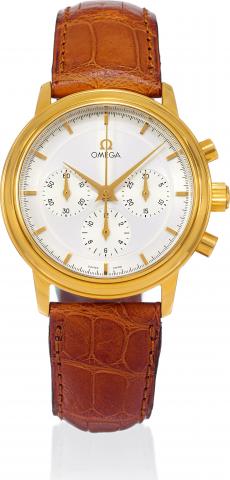 Prestige.Omega, Deville Prestige, movement.No. 46403100, case No. 48296300..Made in the 1990s..Fine, water-resistant, 18K yellow gold wristwatch.with round button chronograph, registers.and a yellow gold Omega buckle.