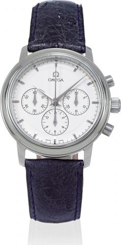 Prestige.Omega, Deville Prestige, movement.No. 48402100, case No 48329292..Made in the 1990s..Fine, water-resistant, stainless steel wristwatch.with round button chronograph, registers.and a steel Omega buckle.