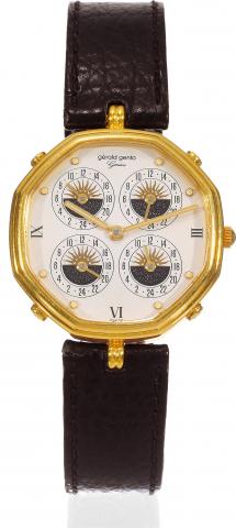 G_rald Genta, case No. 28743.Ref. 2781.4. Made in the 1980s..Fine, octagonal, 18K yellow gold quartz.wristwatch with five time zones, day and.night indications, and an 18K yellow gold.G_rald Genta buckle.