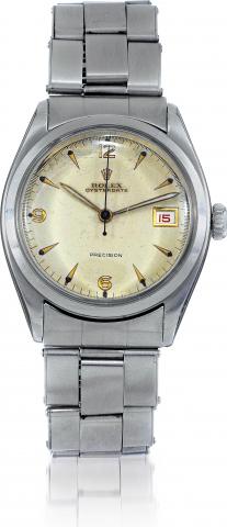 Ref. 6094 Oysterdate.Rolex, Oysterdate, Precision.Case No. 745061, Ref. 6094/6294. Made in.1961..Fine and extremely rare, tonneau shaped.center seconds, water-resistant, stainless.steel wristwatch with date and a stainless.steel Oyster bracelet.