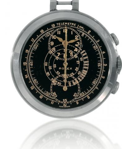 Ref. 2737, Staybrite Chronograph Dress Watch.Rolex, Ref. 2737, case No. 783503. Made in the 1930s..Very fine and extremely rare, small, stainless steel Staybrite dress watch with olive-shaped button chronograph, register.tachometer and telemeter.