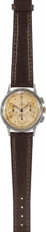 Stainless Steel Chronograph.Omega, movement No. 9599167, Ref. 2279..Made circa 1943..Fine, stainless steel wristwatch with square button.chronograph, registers, tachometer, pulsometer.