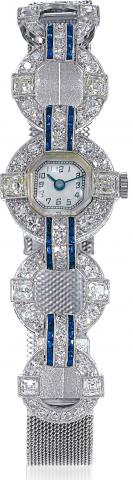 Art Deco Platinum, Diamonds Sapphires.Swiss, No. 16500. Made in the 1920s..Very fine and elegant, Art Deco, platinum, lady's diamond and.sapphire-set wristwatch with a fine 18K white gold mesh.bracelet by Gay Freres.