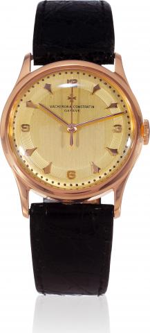 Pink Gold, Ref. 4217.Vacheron Constantin, Geneve.movement 510431, case No 337680, Ref..4217. Made in the 1950s..Fine, center seconds, 18K pink gold wristwatch.with an 18K pink gold buckle. Accompanied.by the original Certificate of Origin.