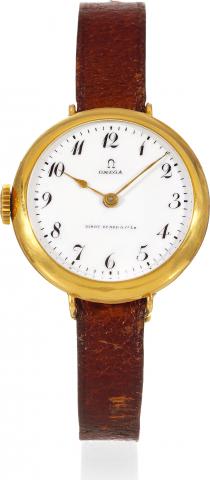 100 Year-Old Left Hand Winding Wristwatch.Omega, retailed by Kirby, Beard Co., Ld. (Paris), case.No. 4427665, Ref. 768.12. Sold on January 20, 1910..Fine, extremely rare and very early, yellow gold wristwatch with.left-handed winding crown, the back eng