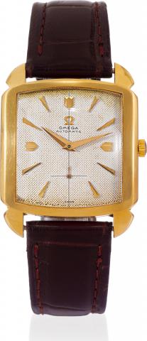 Yellow Gold, Bumper.Omega, movement No. 13326746, case No. 11187856.Ref. 3950. Made in 1947..Very fine, square, center seconds, self-winding bumper, 14K.yellow gold wristwatch with a gold plated Omega buckle.