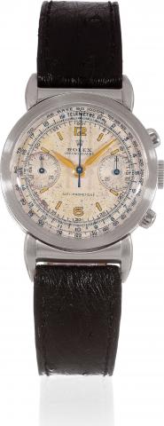 Ref. 2919 Half-Hooded Lugs.Rolex, Anti Magnetic Ref. 2919. Case No. 031774. Made in 1937..Very fine and extremely rare, stainless steel wristwatch with half-hooded lugs, olive.button chronograph, register, tachometer and telemeter.