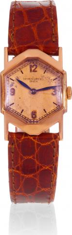 Patek Philippe Co, Geneve. Movement No..813903, case No. 613200, Ref. 472. Movement made in.1926, encased in 1936 and sold on January 13th 1937..Very fine and rare, octagonal pink gold wristwatch with a 18K.pink gold Patek Philippe buckle. Accompanied b