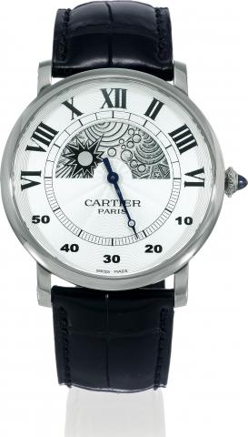 Rotonde, Day and Night.Cartier, Paris, Collection Priv_e, Rotonde Day and Night, case and movement No. 085, Ref. 28731. Sold in May 2007..Very fine and rare, large, water-resistant, 18K white gold wristwatch with retrograde minute hand, special day and ni